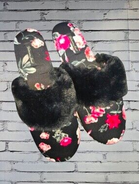 Victoria's Secret | Black Floral Satin Faux Fur Lined Collar Slippers SIZE LARGE